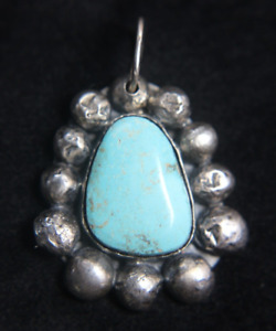 Native American Navajo Old Pawn Turquois & Sterling Silver Bead Pendant Vintage
