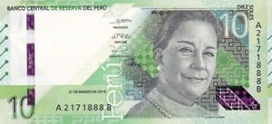 Peru 10 Soles banknote. Peruvian single UNC 10 bill. 2021 Redesigned new note