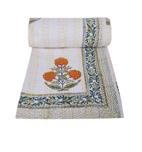 Indian Floral Printed Single Kantha Quilt cotton Blanket Bedspread Gudari White