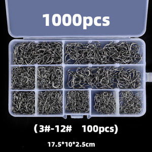 100/1000pc Fish Hooks 10size Fishing Black Silver Sharpened With Box Quality Kit