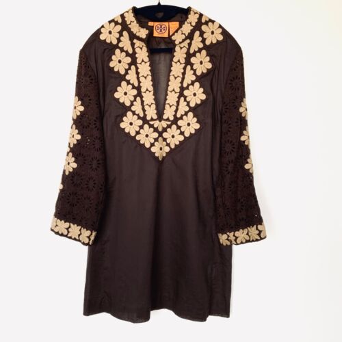 Tory Burch Pure Cotton Eyelet Embroidered Oat Brown Mockneck Tunic