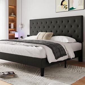 King Size Fabric Bed Frame with Adjustable Diamond Tufted Headboard, Dark Grey