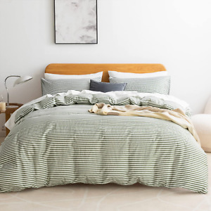 New ListingJELLYMONI 100% Natural Cotton 3Pcs Striped Duvet Cover Sets,White with Green Str