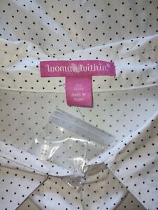 NWT! Woman Within 30/32 White Black Polka Dots Button Up Cotton Lightweight Top