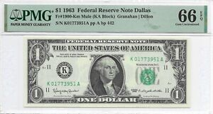 1963 $1 DALLAS FRN. PMG GEM Uncirculated 66 EPQ Banknote. MULE