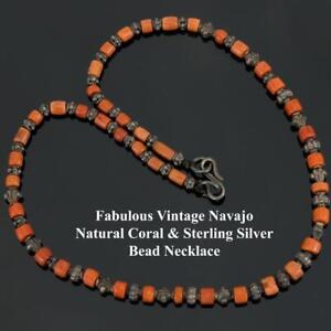 Vintage Navajo CORAL Necklace Old Pawn Meditteranean Sterling Silver Bead