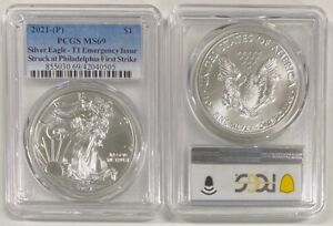 2021 P SILVER EAGLE $1 T1 EMERGENCY PCGS MS69 FIRST STRIKE  BLUE
