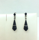 Vintage Sterling Silver Black Onyx Drop Dangle Pierced Earrings