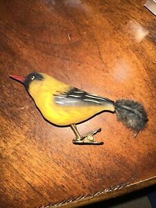 Vintage Mercury Glass Bird Yellow/Black Metal Spring Clip Ornament