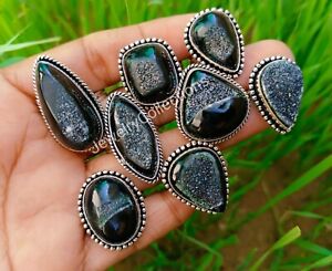 AAA Quality Black Window Druzy 925 Silver Plated Ring Wholesale Lot Rings B148