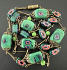Antique 26 3/4” Long Venetian Murano Glass Barrel Bead Necklace Green Millifiore