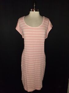 TALBOTS Plus Size 1X Sheath Dress Pink White Stripes Cap Sleeve French Terry