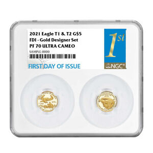 2021-W Proof T1 and T2 American Eagle 1/10 oz Gold Set Designer Edition NGC P...