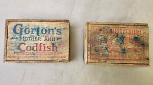 2 Vintage Codfish Wood Boxes Gortons and Halifax Crate and Lids Fish Advertising