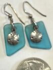 Sterling Silver 925 Sand Dollar Teal Blue Sea Glass Earrings Hooks Drops Modern