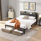Queen Size Metal Bed Frame with upholstery storage function Headboard and USB
