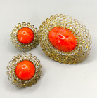 Vintage Hattie Carnegie Faux Coral Glass Cabochon Jewelry Set Brooch Earrings