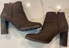Massimo Dutti Sz 37 Brown Leather Ankle Boots Block High Heel Zip Buckle Logo 7