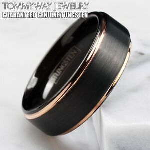 Tungsten Carbide Ring Rose Gold-Plated Black Brushed Wedding Band Men's Jewelry