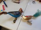 Lot Of 2 Clip On Glass Birds Ornaments Blue Jay Sparrow