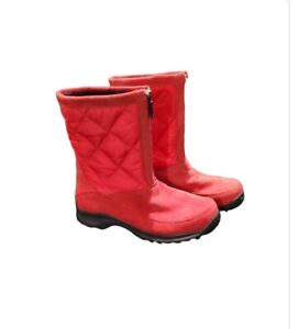 Lands End Women Winter 8 Red Suede Fleece Lined Front Zip Boots Water Snow Puff