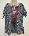 Westport 1X Cotton Blouse Blue Check Red Embroidered Short Sleeve Top