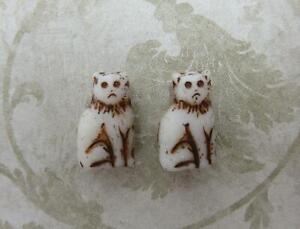 Glass Cat Beads Antiqued Ivory 15mm Sitting Cat Engraved Czech Glass Animal 12pc