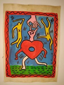 Keith Haring Painting Drawing Vintage Sketch Paper Signed Stamped