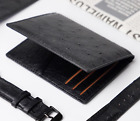 Mens Ostrich Leather Credit Card Black Bifold Wallet RFID Blocking Handmade Gift