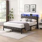 Queen/King Size Bed Frame w/ Headboard and LED Light Upholstered Platform Bed
