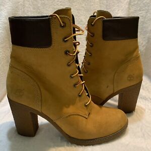 Womens Timberland Tillston Heeled Boots, Brown Wheat Nubuck Lace Up SZ 10