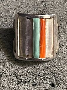 Old Pawn Mens Coral Turquoise Ring Sterling Silver Marked Missing Stones 10.5