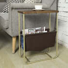 Dark Brown Wood End Table & Brass Metal Frame with Leatherette Magazine Holder
