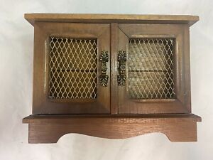Vintage Wooden Two Drawer Music Playing Jewelry Box Double Mesh Doors 8x6x5 Inch