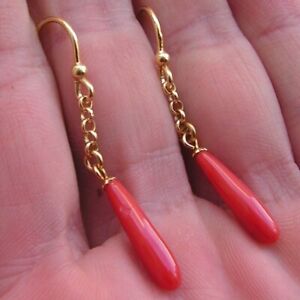 Antique Vintage Red Coral Dangle Earring Silver White Gold Over Coral Earrings