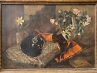 🔥 Antique Old 19th c. French Impressionist Still Life DOG Oil Painting, Signed