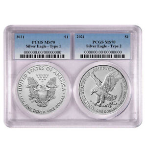 2021 $1 Type 1 and Type 2 Silver Eagle Set PCGS MS70 Blue Label