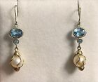 14k Solid Yellow Gold Blue Topaz And Pearl Dangle Earrings