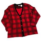 Vintage Plaid Attached Sweater Knit Cardigan Sz XL 16 / 18 Elegant Red Black