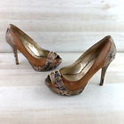 Guess Peep Toe High Heels Snakeskin Platform Shoes Pumps Womens 6.5 Brown Tan