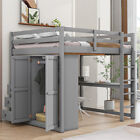 Wood Full Size Loft Bed w/ Built-in Wardrobe/Desk/Storage Shelves & Drawers Gray