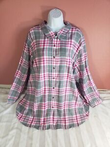 Woman Within 30/32 3X Plus Size Classic Flannel Shirt Pink White Gray Plaid New
