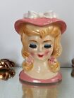 Vintage LEFTON Lady Head Vase-Closed Eyes, Blonde, Pink Dress Hat 4.5