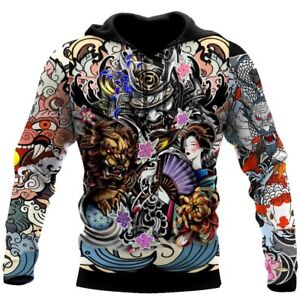 Fashion Men Hoodies Sweatshirt Samurai Geisha Tattoo Pullover Cool Casual Jacket
