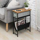 Wood & Metal End Table w/ Silver Galvanized Drawer & Leatherette Magazine Holder