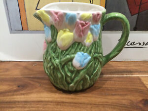 Vintage Ceramic Raised Tulip Pitcher Vase Decorative Pink Yellow Purple Green 7'