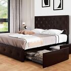 Sifurni Upholstered Bed Frame with 4 Storage Drawers and Headboard, Black Brown