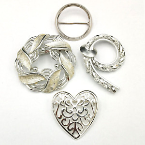 Lot of 4 Silver Tone Heart Wreath Statement Pin Brooch
