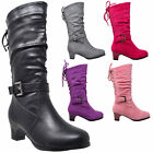 Kids Knee High Boots Mid Calf Girls Lace Up Low Heel w/ Buckle Strap Accent