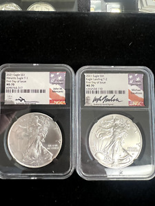 2021 SILVER EAGLE NGC MS70 MERCANTI & GAUDIOSO SIGNED FIRST DAY ISSUE TYPE 1 & 2